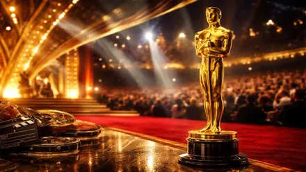 Una estatuilla dorada de los Oscar de Hollywood junto al escenario y alfombra roja.