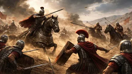 Caballería parta cargando contra los legionarios romanos.