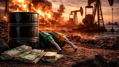 Barril de petróleo, dinero y pozos de petróleo con fuego.