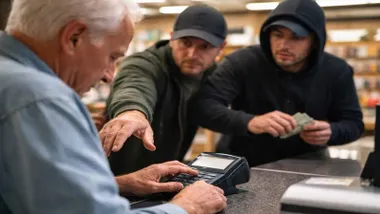 Cliente introduciendo el pin de la tarjeta y dos delincuentes observando.
