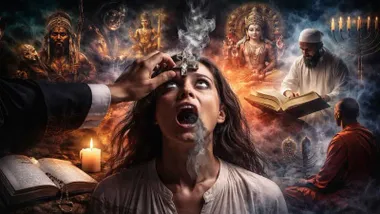 Mujer siendo exorcizada y símbolos de religiones entorno a ella.