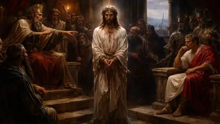 Proceso a Cristo entre Caifás y Pilato.