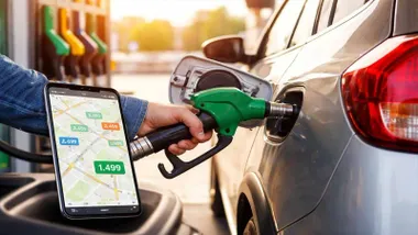 Hombre repostando gasolina y radar OCU de gasolineras baratas.