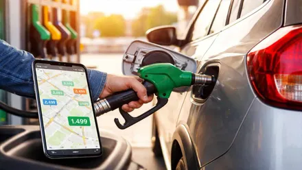 Hombre repostando gasolina y radar OCU de gasolineras baratas.