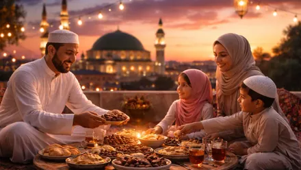 Miembros de una familia celebrando el Ramadán, al fondo una mezquita.