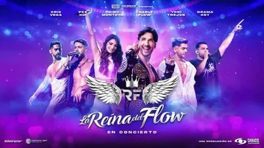 Cartel del espectáculo de "La Reina del Flow", predominan los tonos azules y rosados entre los cantantes.