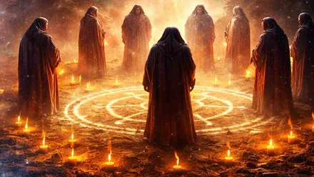 Grupo de personas en torno a una dibujo de fuego en el suelo.