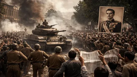 Tanque en Teherán y aclamación del Sha de Persia.