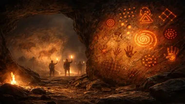 Hombre en una cueva iluminándose con antorchas y una pared rocosa con pinturas sobreimpresionadas.