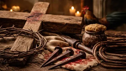 Cruz, corona de espinas, clavos, látigo, posca, todos los símbolos de la Pasión de Jesús de Nazaret.