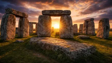 Grupo megalítico pétreo de Stonehenge con el Sol poniéndose.