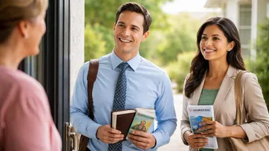 Chico y chica, Testigos de Jehová, hablan con una mujer.