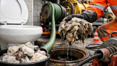 Equipo de desatascos sacando toallitas húmedas de una casa.