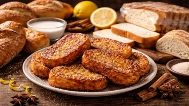 Montón de torrijas en un plato blanco. Parece pan de brioche.