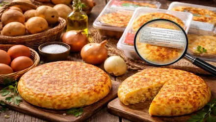 Diversas tortillas de patata en una cocina con verduras. Una lupa escudriña una etiqueta del producto.