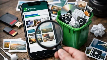 Teléfono móvil siendo mirado con lupa, en pantalla está el Whatsapp.