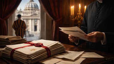 Plaza de San Pedro con un guardia suizo y un sacerdote leyendo unos documentos.