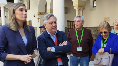 Representantes del PSOE y de las personas afectadas por el estado de estas viviendas en el barrio de Puntales, en el Parlamento Andaluz.