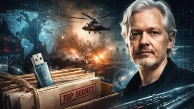 Imagen en dibujo de Julian Assange y un pendrive junto a carpetas con el sello TOP SECRET.