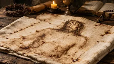 Hombre en una sábana imitando a la Síndone de Turín.