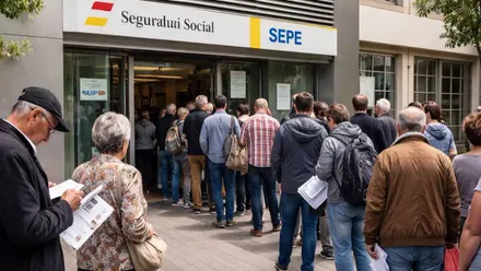Recreación que imita colas y tiempos de espera. Mucha gente entrando en una oficina de la Seguridad Social y del SEPE.