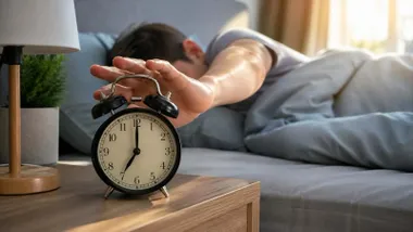 Persona apagando el despertado poniendo la mano encima mientras marca las 7 en punto.