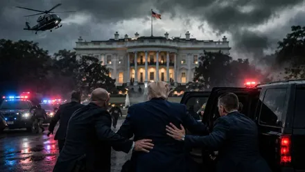 Trump con dos agentes siendo trasladado tras un atentado. Al fondo la Casa Blanca.