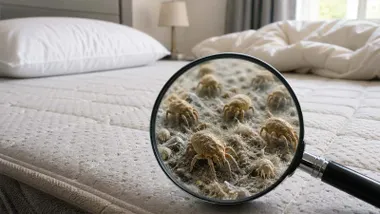 Lupa sobre un colchón en el que se ven muchos ácaros.