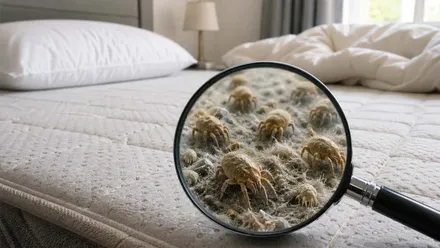 Lupa sobre un colchón en el que se ven muchos ácaros.