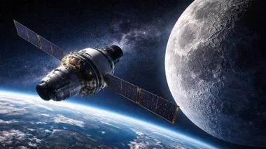 Vista de un módulo espacial en aproximación a la Luna.