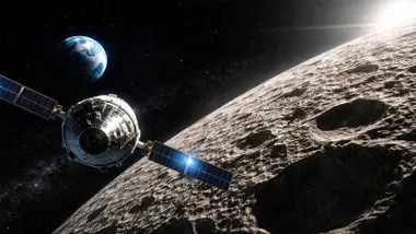 Módulo de la Artemis II sobrevolando orbitalmente la Luna.