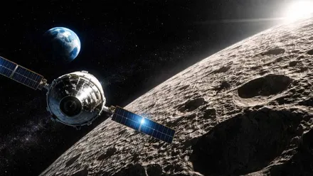 Módulo de la Artemis II sobrevolando orbitalmente la Luna.