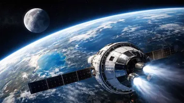 La luna en el fondo con la Tierra y la nave Orión de la misión Artemis II.