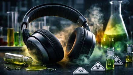 Auriculares rodeado de productos tóxicos.