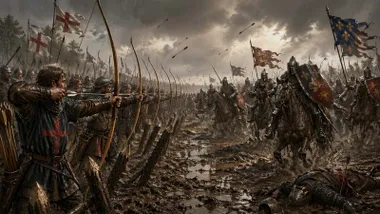 Guerreros, arqueros y caballería, en la Batalla de Azincourt.