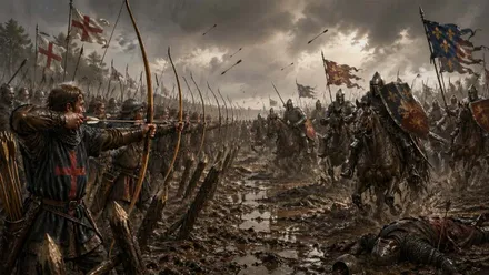 Guerreros, arqueros y caballería, en la Batalla de Azincourt.