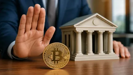 Mano rechazando un Bitcoin junto a una casa pequeña de estilo romano.