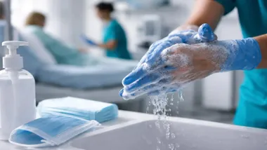 Hombre lavándose las manos con un desinfectante.