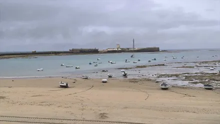 La Caleta en bajamar con el Castilllo de San Sebastián bajo un cielo nublado y gris