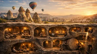 Capadocia y las ciudades subterráneas, hay globos en el exterior.