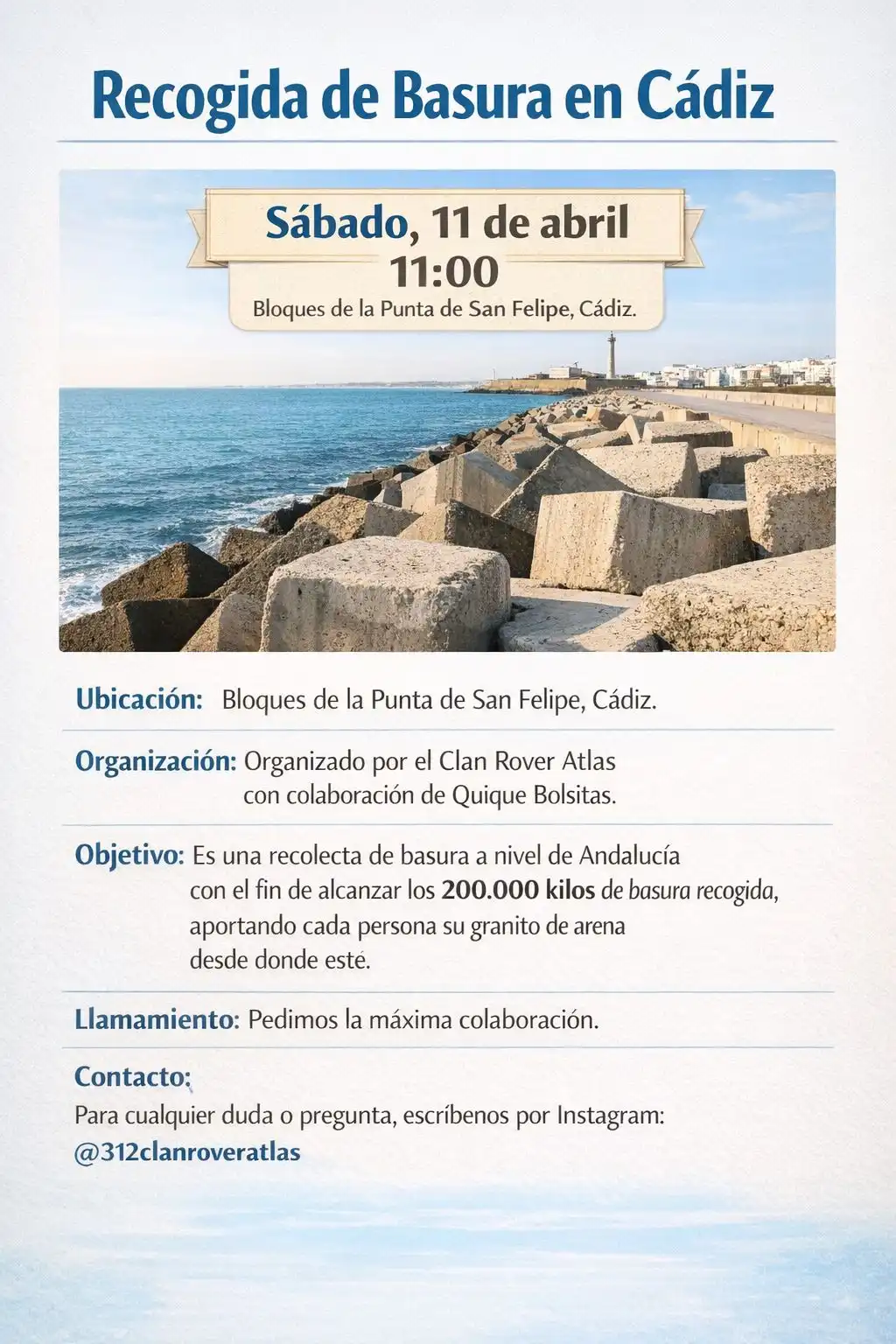 Cartel de la recogida basura en la Punta San Felipe de Cádiz.
