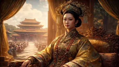 La emperatriz Cixi de gala sentada en su trono con vistas a una plaza china.