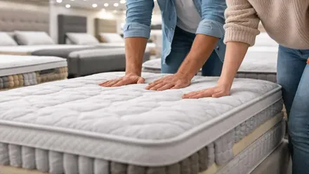 Dos personas presionan la superficie de un colchón.