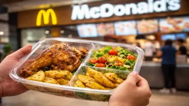 Bandeja de comida para llevar de Mercadona frente a McDonalds.