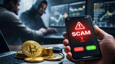 Ciberdelincuentes de criptomonedas y un móvil avisando de una estafa.