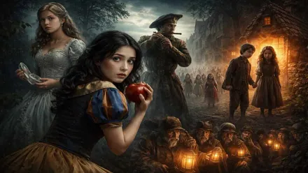 Cenicienta, el Flautista de Hamelin, Hansel y Gretel en la misma imagen.