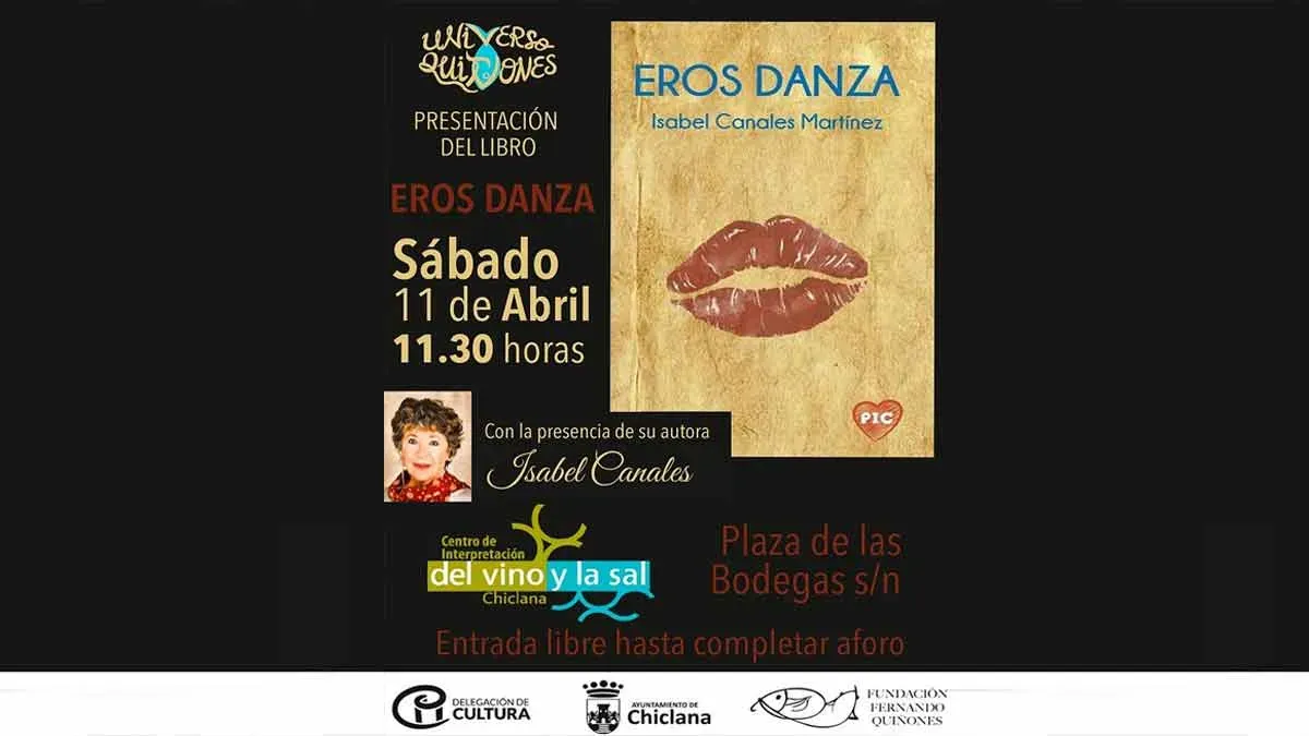 Cartel en blanco y negro, destacando la portada de libro en color crema con un beso rojo en el centro.