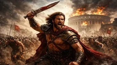 Espartaco blandiendo una espada y dejando atrás la destrucción.