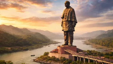 Vista en Gujarat de la estatua más grande del mundo junto a un río.