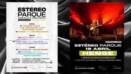 Cartel general y del Estéreo Parque del día 19, en tonos rojizo y negros y el primero en tonos blancos.